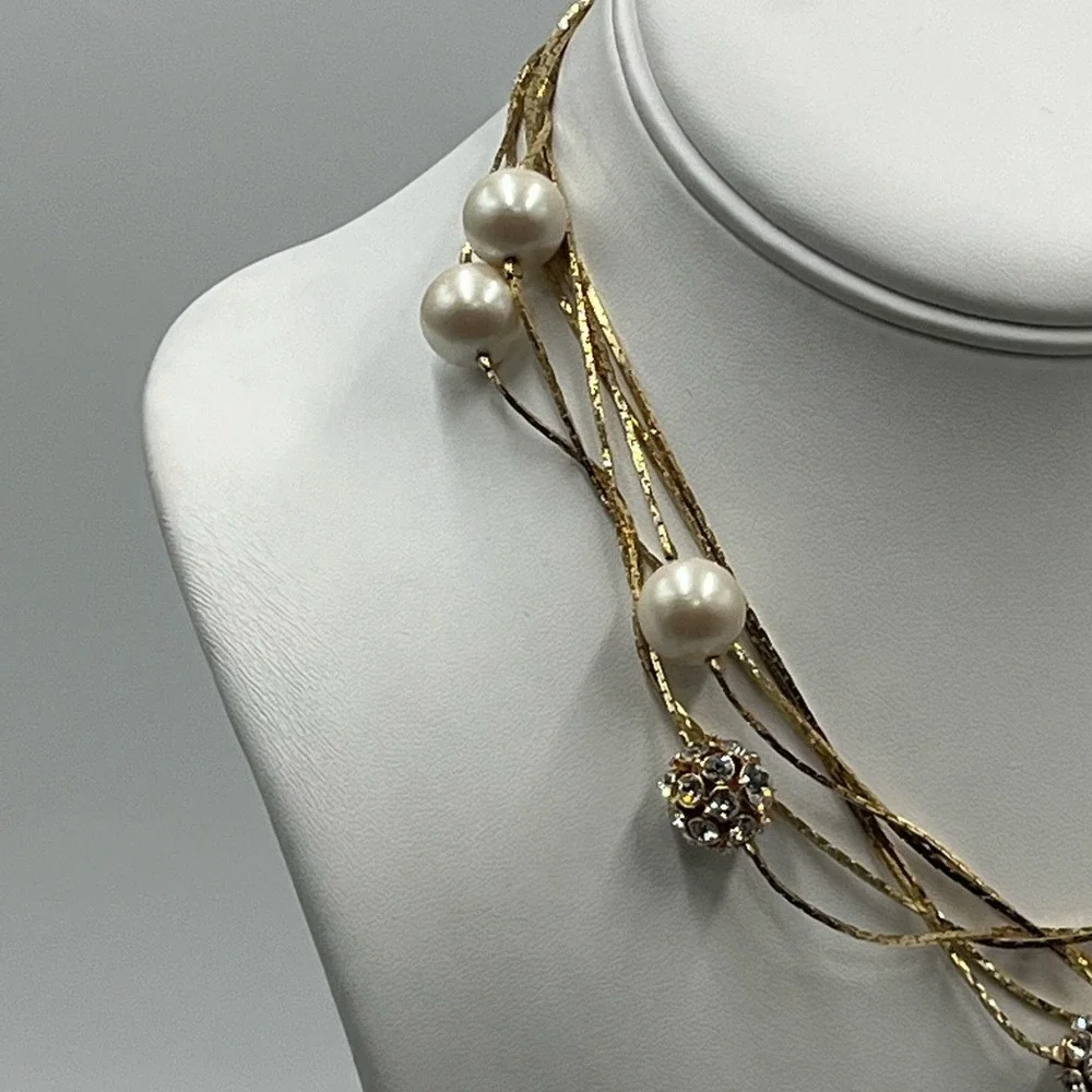 Kate Spade NY Gold Plated Triple Strand Faux Pearl Pave Beads Long Necklace